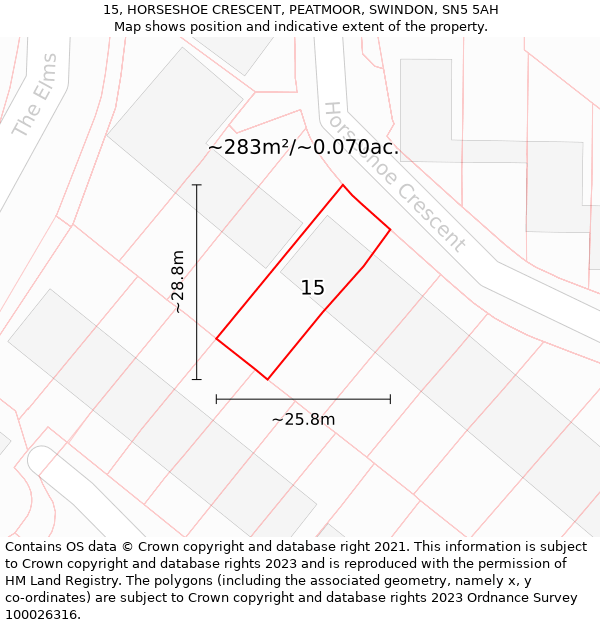 15, HORSESHOE CRESCENT, PEATMOOR, SWINDON, SN5 5AH: Plot and title map