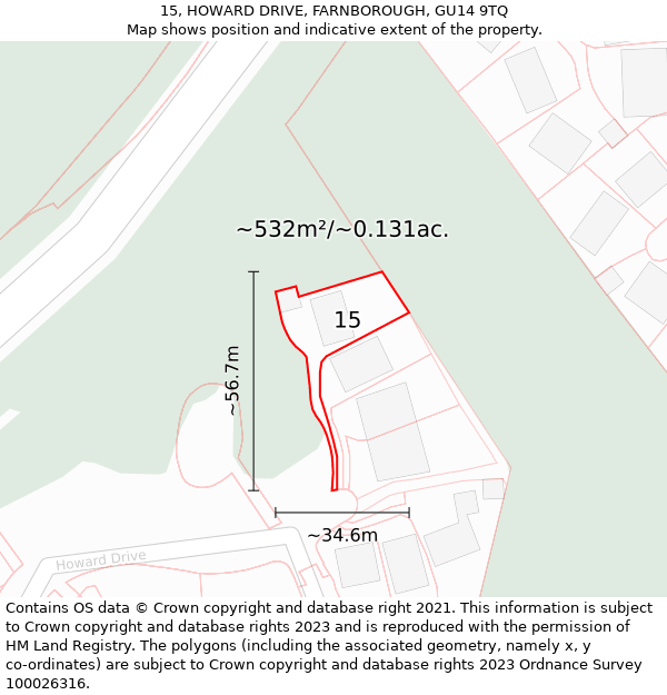 15, HOWARD DRIVE, FARNBOROUGH, GU14 9TQ: Plot and title map