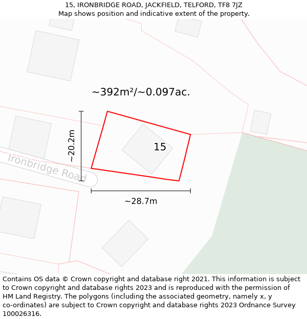 15, IRONBRIDGE ROAD, JACKFIELD, TELFORD, TF8 7JZ: Plot and title map