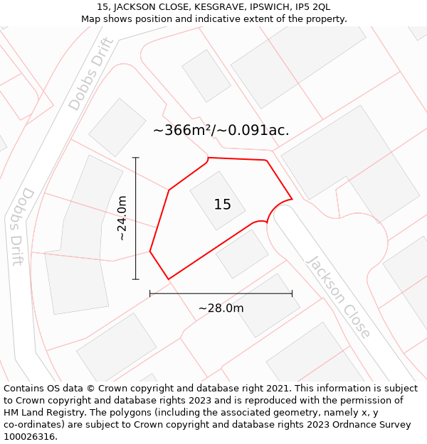 15, JACKSON CLOSE, KESGRAVE, IPSWICH, IP5 2QL: Plot and title map