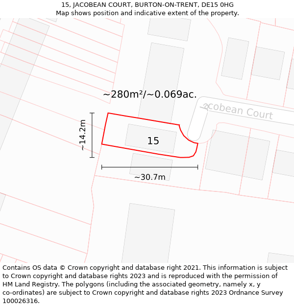 15, JACOBEAN COURT, BURTON-ON-TRENT, DE15 0HG: Plot and title map