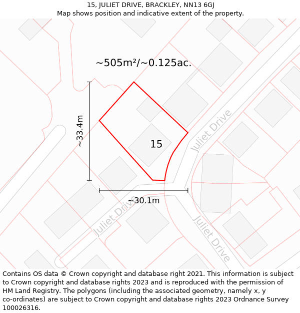 15, JULIET DRIVE, BRACKLEY, NN13 6GJ: Plot and title map