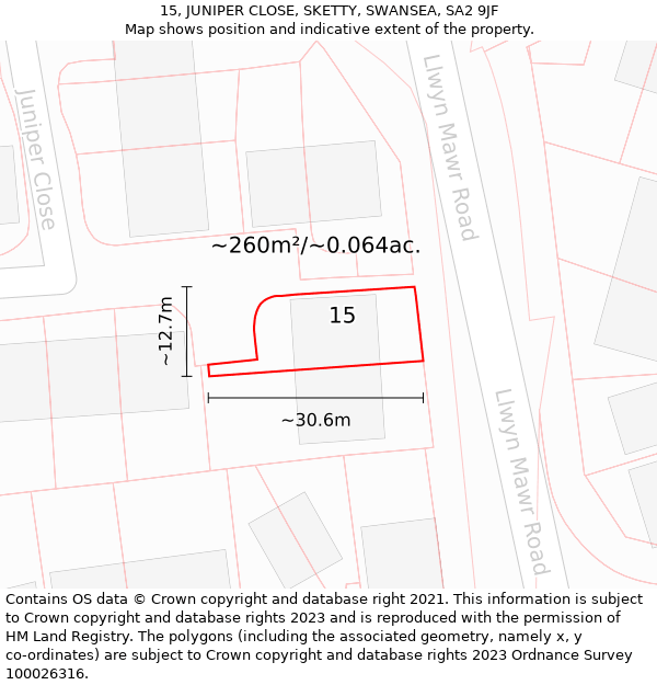 15, JUNIPER CLOSE, SKETTY, SWANSEA, SA2 9JF: Plot and title map