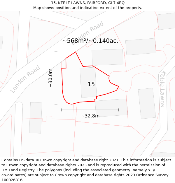 15, KEBLE LAWNS, FAIRFORD, GL7 4BQ: Plot and title map