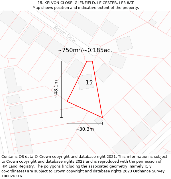 15, KELVON CLOSE, GLENFIELD, LEICESTER, LE3 8AT: Plot and title map