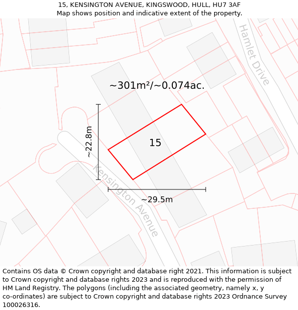 15, KENSINGTON AVENUE, KINGSWOOD, HULL, HU7 3AF: Plot and title map