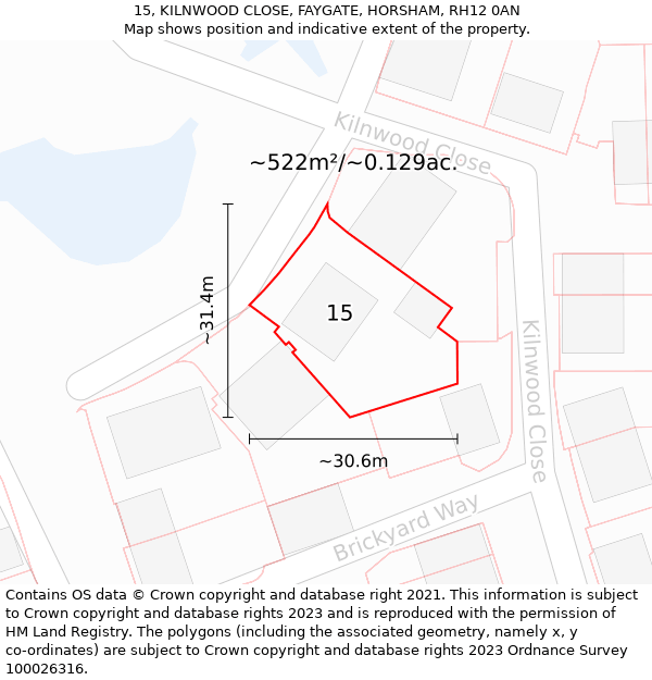 15, KILNWOOD CLOSE, FAYGATE, HORSHAM, RH12 0AN: Plot and title map