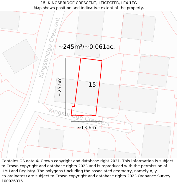 15, KINGSBRIDGE CRESCENT, LEICESTER, LE4 1EG: Plot and title map