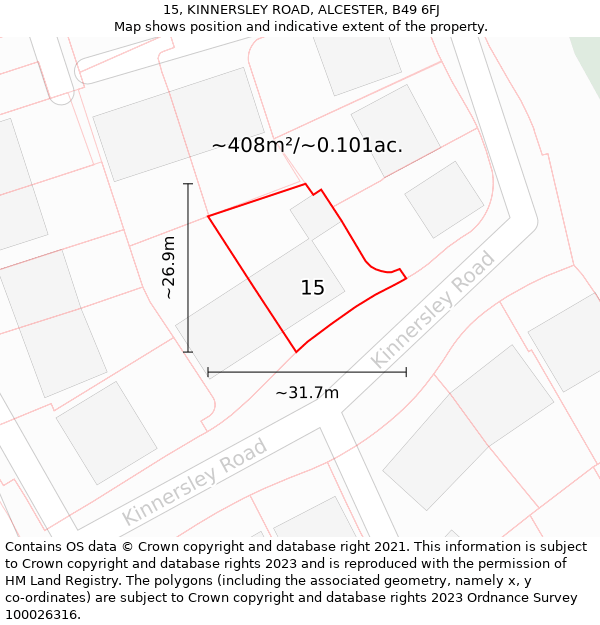 15, KINNERSLEY ROAD, ALCESTER, B49 6FJ: Plot and title map