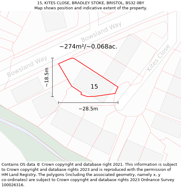 15, KITES CLOSE, BRADLEY STOKE, BRISTOL, BS32 0BY: Plot and title map