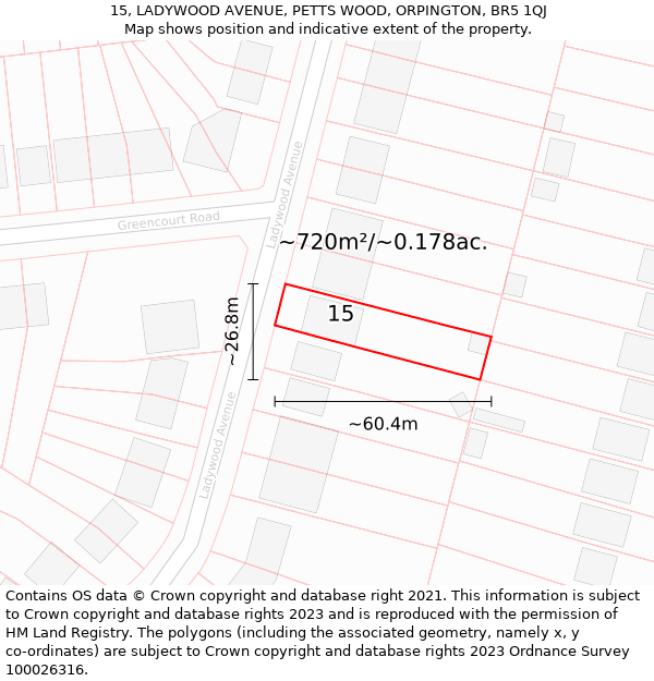 15, LADYWOOD AVENUE, PETTS WOOD, ORPINGTON, BR5 1QJ: Plot and title map