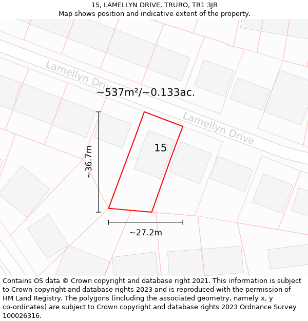 15, LAMELLYN DRIVE, TRURO, TR1 3JR: Plot and title map