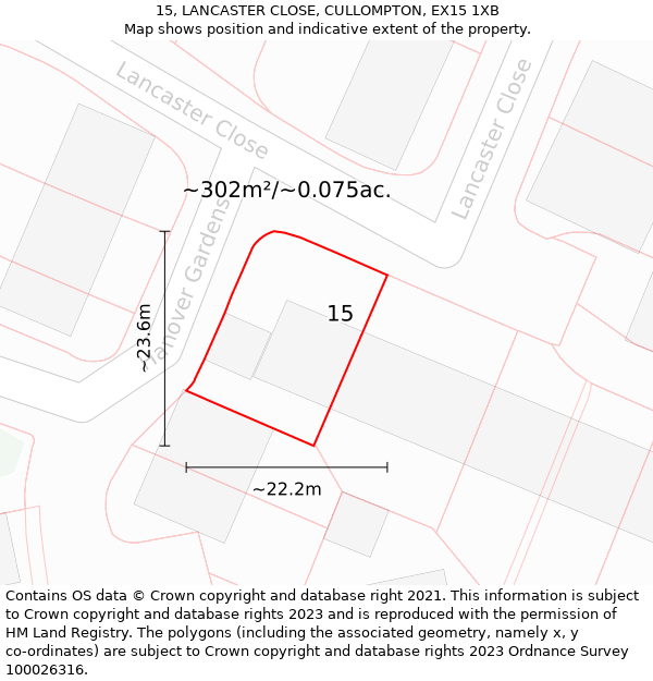 15, LANCASTER CLOSE, CULLOMPTON, EX15 1XB: Plot and title map