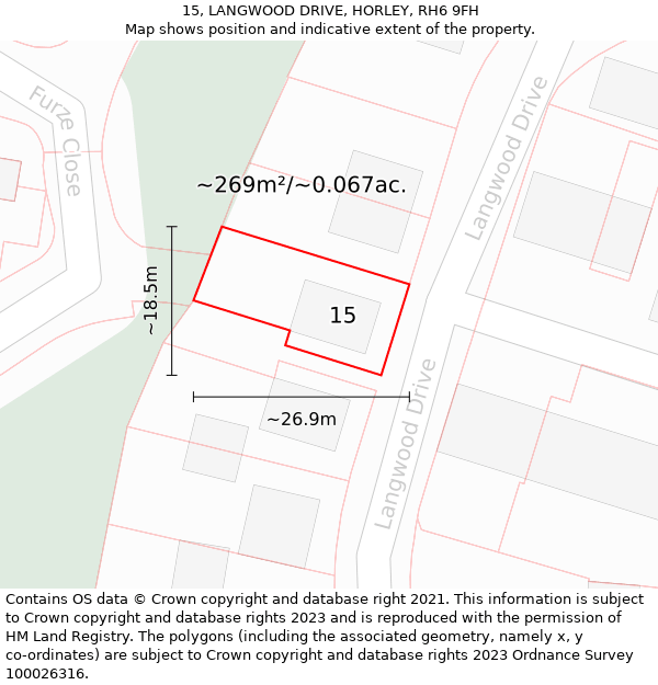 15, LANGWOOD DRIVE, HORLEY, RH6 9FH: Plot and title map