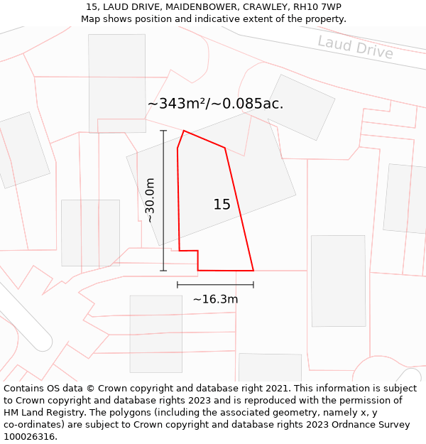 15, LAUD DRIVE, MAIDENBOWER, CRAWLEY, RH10 7WP: Plot and title map