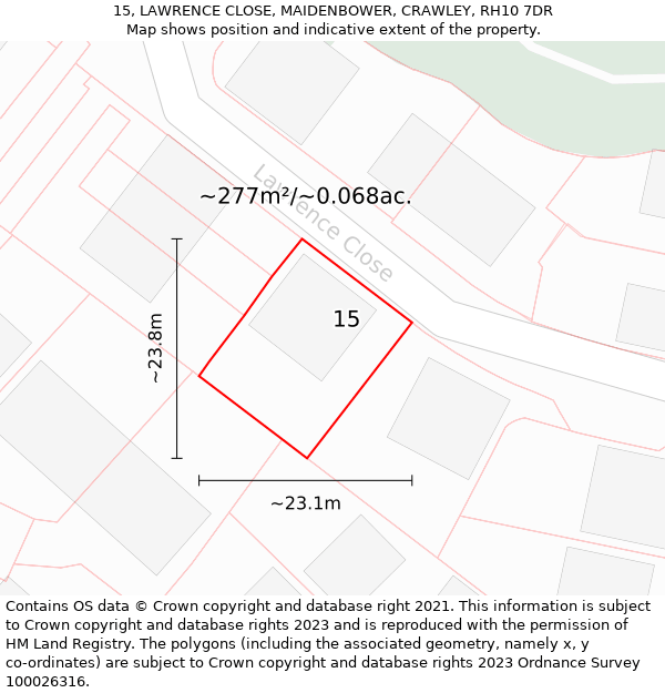 15, LAWRENCE CLOSE, MAIDENBOWER, CRAWLEY, RH10 7DR: Plot and title map