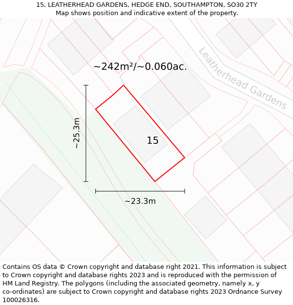 15, LEATHERHEAD GARDENS, HEDGE END, SOUTHAMPTON, SO30 2TY: Plot and title map