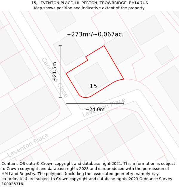 15, LEVENTON PLACE, HILPERTON, TROWBRIDGE, BA14 7US: Plot and title map