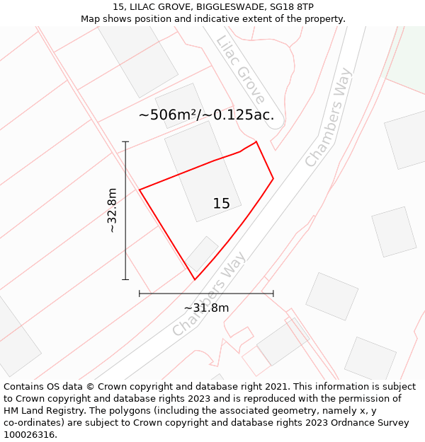 15, LILAC GROVE, BIGGLESWADE, SG18 8TP: Plot and title map