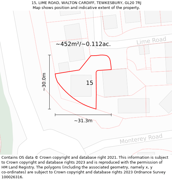 15, LIME ROAD, WALTON CARDIFF, TEWKESBURY, GL20 7RJ: Plot and title map