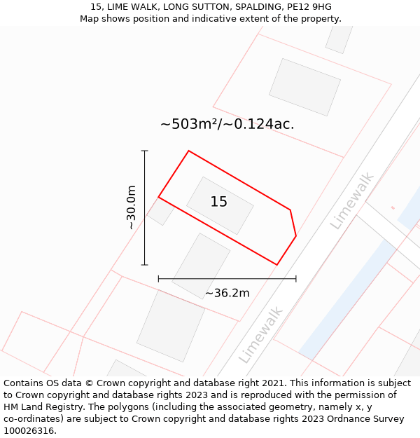 15, LIME WALK, LONG SUTTON, SPALDING, PE12 9HG: Plot and title map