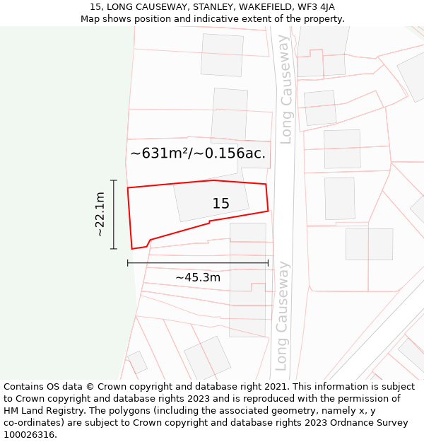 15, LONG CAUSEWAY, STANLEY, WAKEFIELD, WF3 4JA: Plot and title map