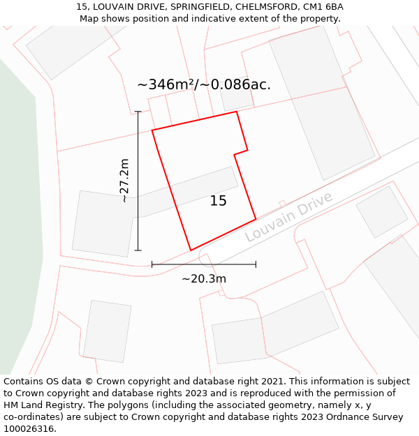 15, LOUVAIN DRIVE, SPRINGFIELD, CHELMSFORD, CM1 6BA: Plot and title map