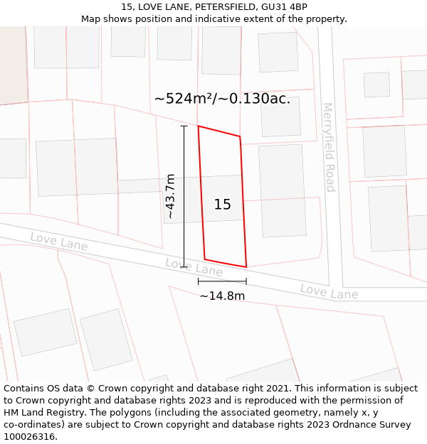 15, LOVE LANE, PETERSFIELD, GU31 4BP: Plot and title map