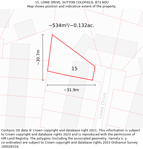 15, LOWE DRIVE, SUTTON COLDFIELD, B73 6QU: Plot and title map