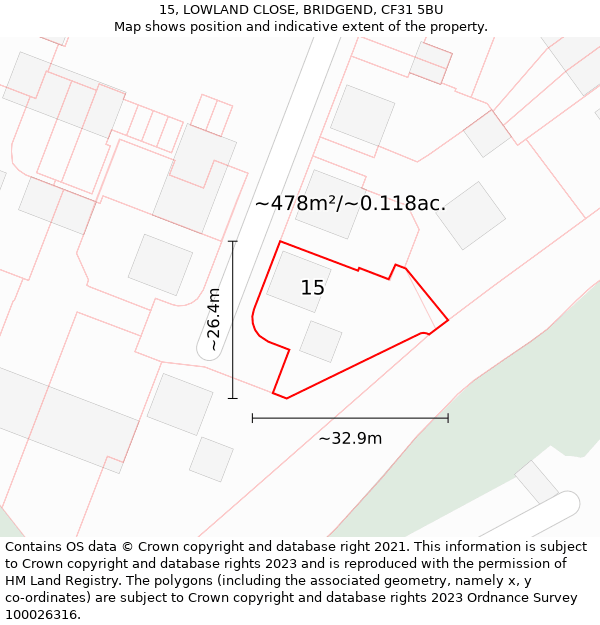 15, LOWLAND CLOSE, BRIDGEND, CF31 5BU: Plot and title map