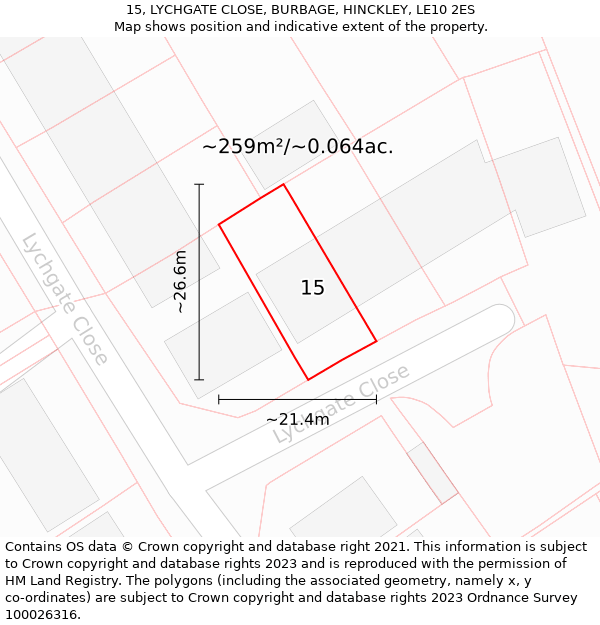 15, LYCHGATE CLOSE, BURBAGE, HINCKLEY, LE10 2ES: Plot and title map