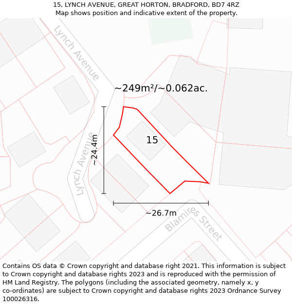 15, LYNCH AVENUE, GREAT HORTON, BRADFORD, BD7 4RZ: Plot and title map