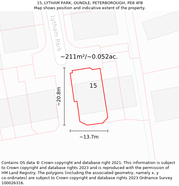 15, LYTHAM PARK, OUNDLE, PETERBOROUGH, PE8 4FB: Plot and title map