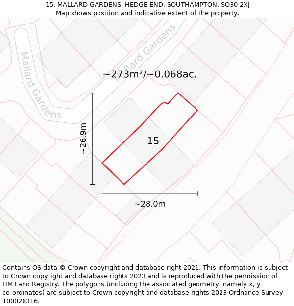 15, MALLARD GARDENS, HEDGE END, SOUTHAMPTON, SO30 2XJ: Plot and title map