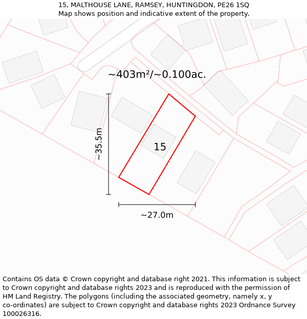 15, MALTHOUSE LANE, RAMSEY, HUNTINGDON, PE26 1SQ: Plot and title map