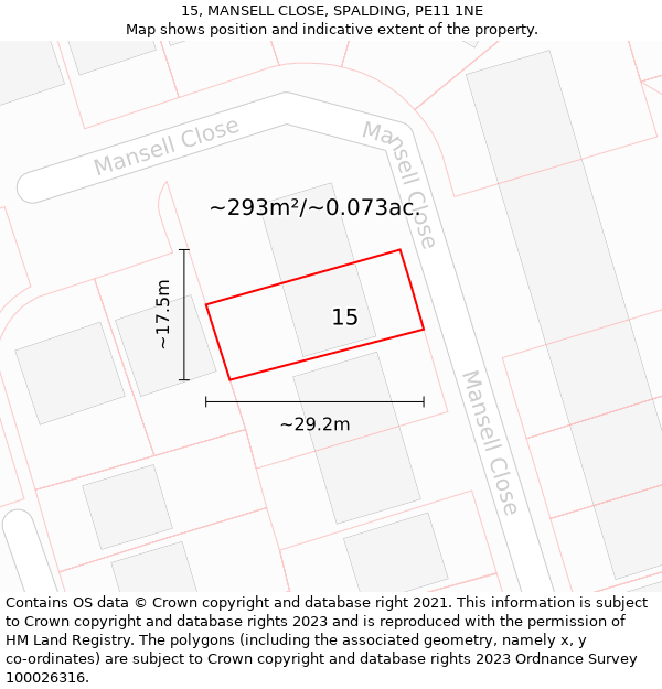 15, MANSELL CLOSE, SPALDING, PE11 1NE: Plot and title map