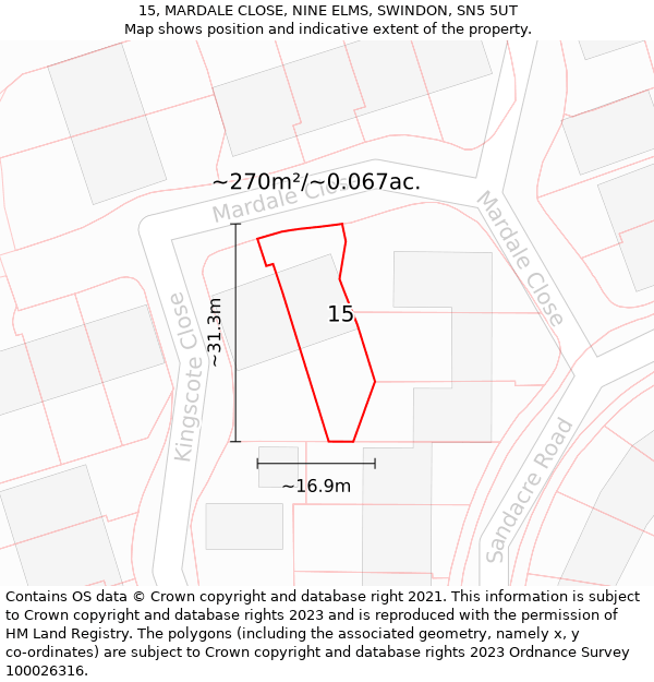 15, MARDALE CLOSE, NINE ELMS, SWINDON, SN5 5UT: Plot and title map