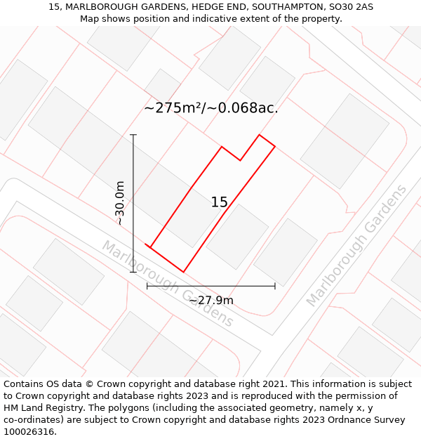 15, MARLBOROUGH GARDENS, HEDGE END, SOUTHAMPTON, SO30 2AS: Plot and title map