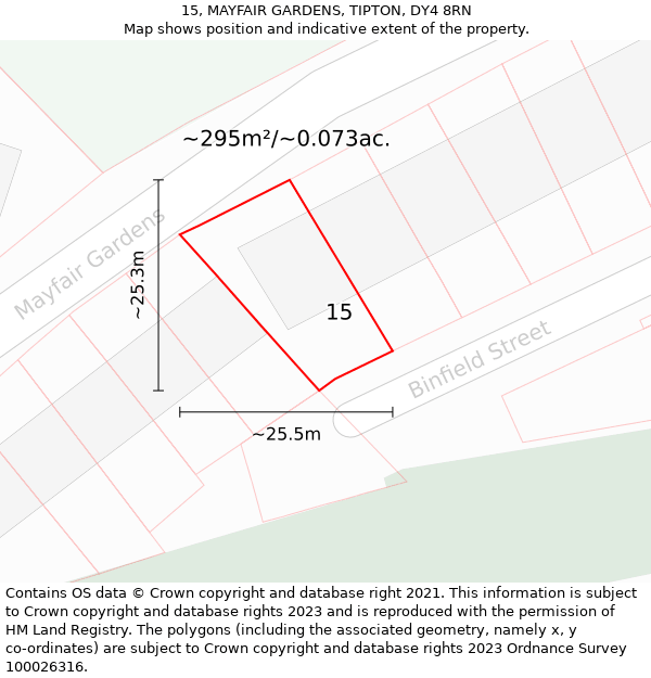 15, MAYFAIR GARDENS, TIPTON, DY4 8RN: Plot and title map