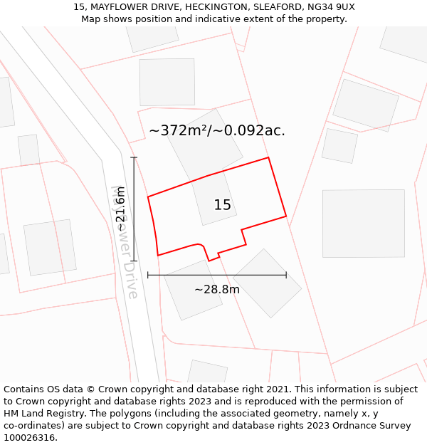 15, MAYFLOWER DRIVE, HECKINGTON, SLEAFORD, NG34 9UX: Plot and title map