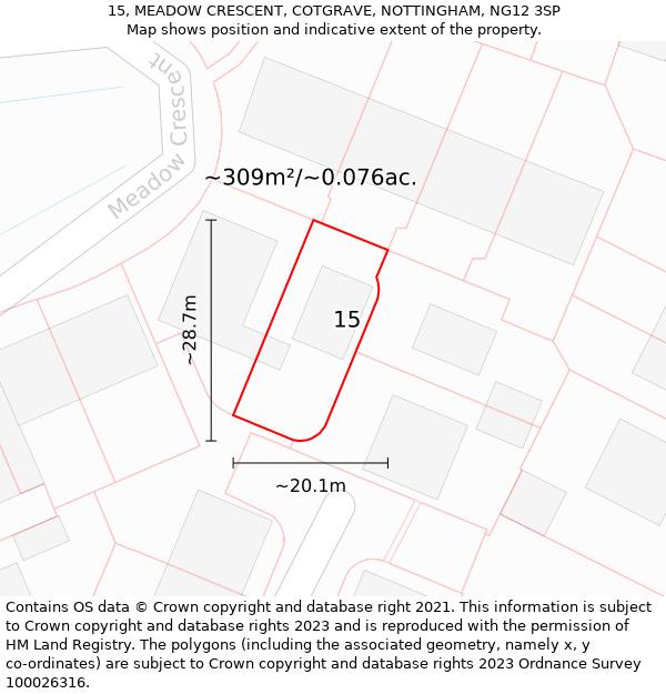 15, MEADOW CRESCENT, COTGRAVE, NOTTINGHAM, NG12 3SP: Plot and title map