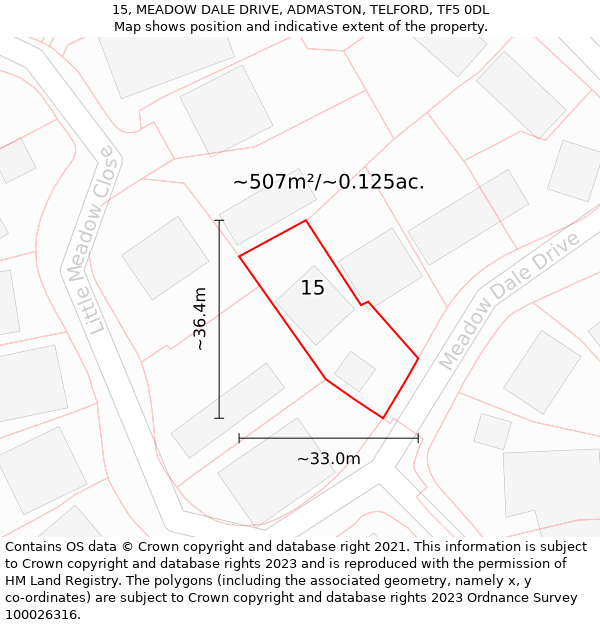 15, MEADOW DALE DRIVE, ADMASTON, TELFORD, TF5 0DL: Plot and title map