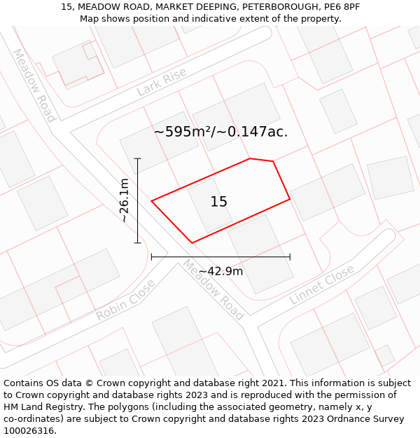 15, MEADOW ROAD, MARKET DEEPING, PETERBOROUGH, PE6 8PF: Plot and title map