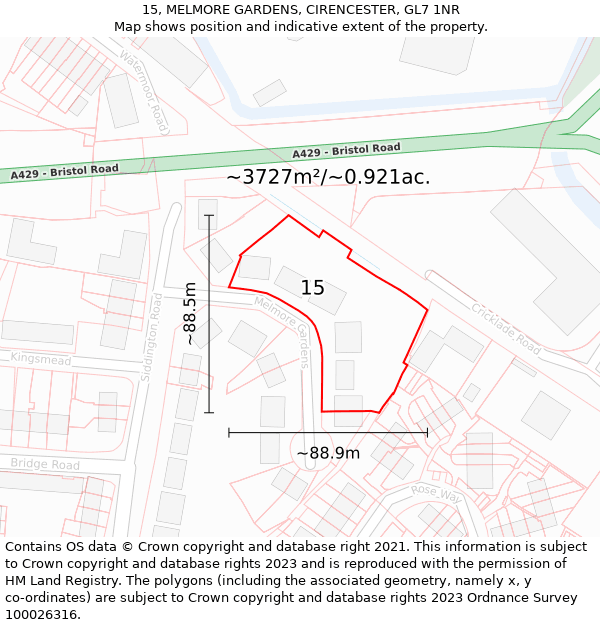 15, MELMORE GARDENS, CIRENCESTER, GL7 1NR: Plot and title map