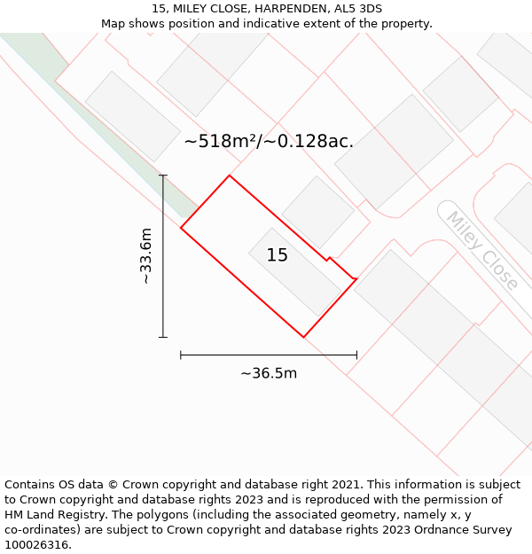 15, MILEY CLOSE, HARPENDEN, AL5 3DS: Plot and title map