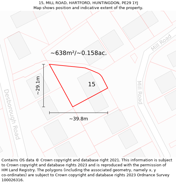 15, MILL ROAD, HARTFORD, HUNTINGDON, PE29 1YJ: Plot and title map