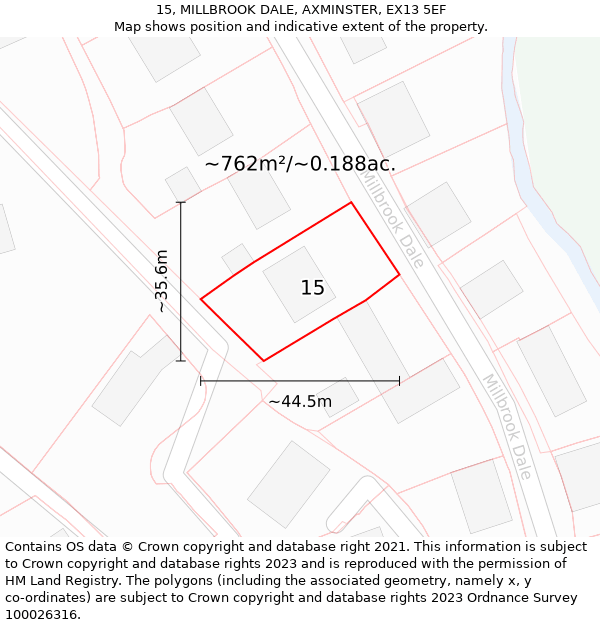 15, MILLBROOK DALE, AXMINSTER, EX13 5EF: Plot and title map