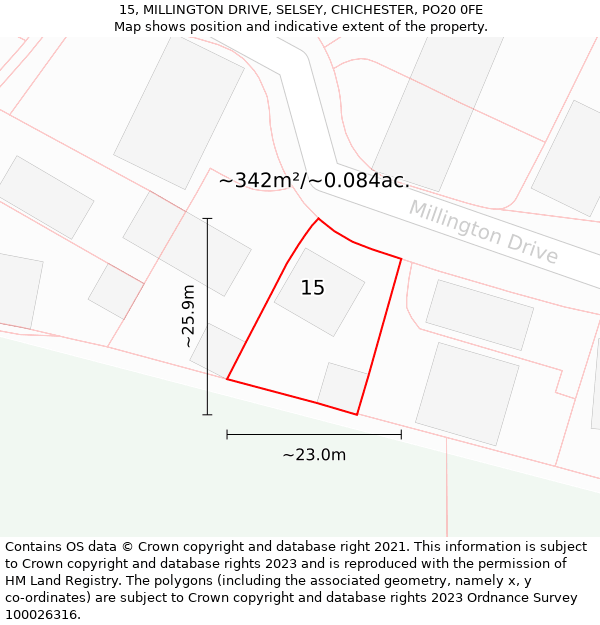 15, MILLINGTON DRIVE, SELSEY, CHICHESTER, PO20 0FE: Plot and title map