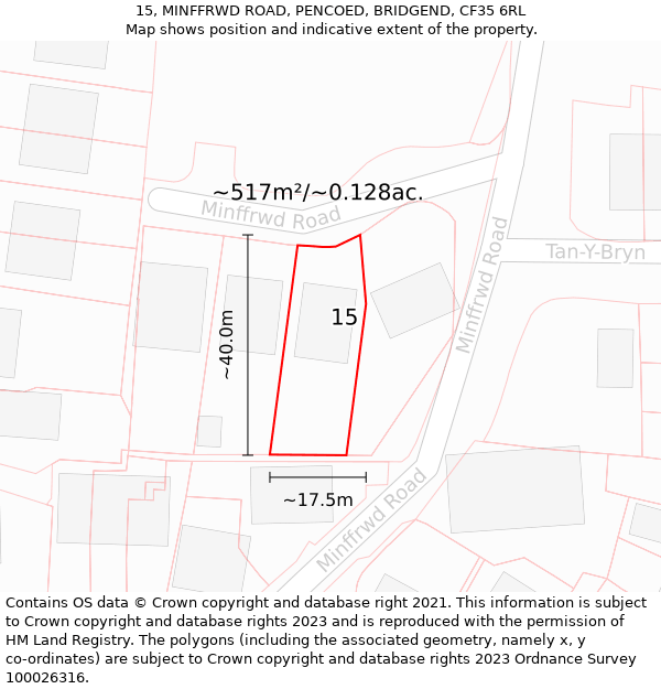 15, MINFFRWD ROAD, PENCOED, BRIDGEND, CF35 6RL: Plot and title map