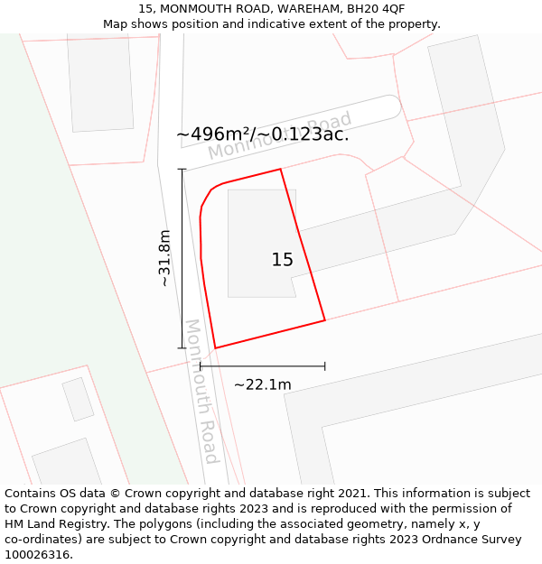 15, MONMOUTH ROAD, WAREHAM, BH20 4QF: Plot and title map